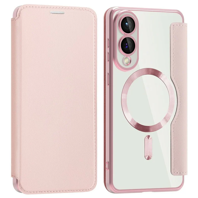AMORUS For Samsung Galaxy S25 Edge Case Compatible with MagSafe RFID Blocking Card Holder Leather Phone Cover - Pink