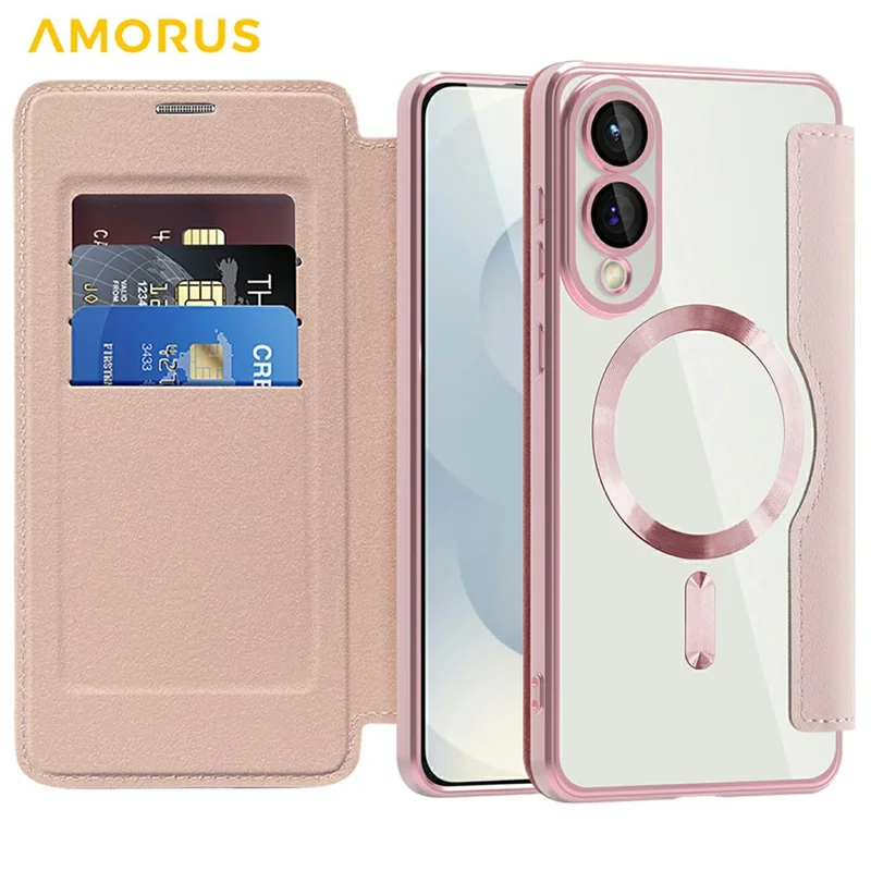 AMORUS For Samsung Galaxy S25 Edge Case Compatible with MagSafe RFID Blocking Card Holder Leather Phone Cover - Pink