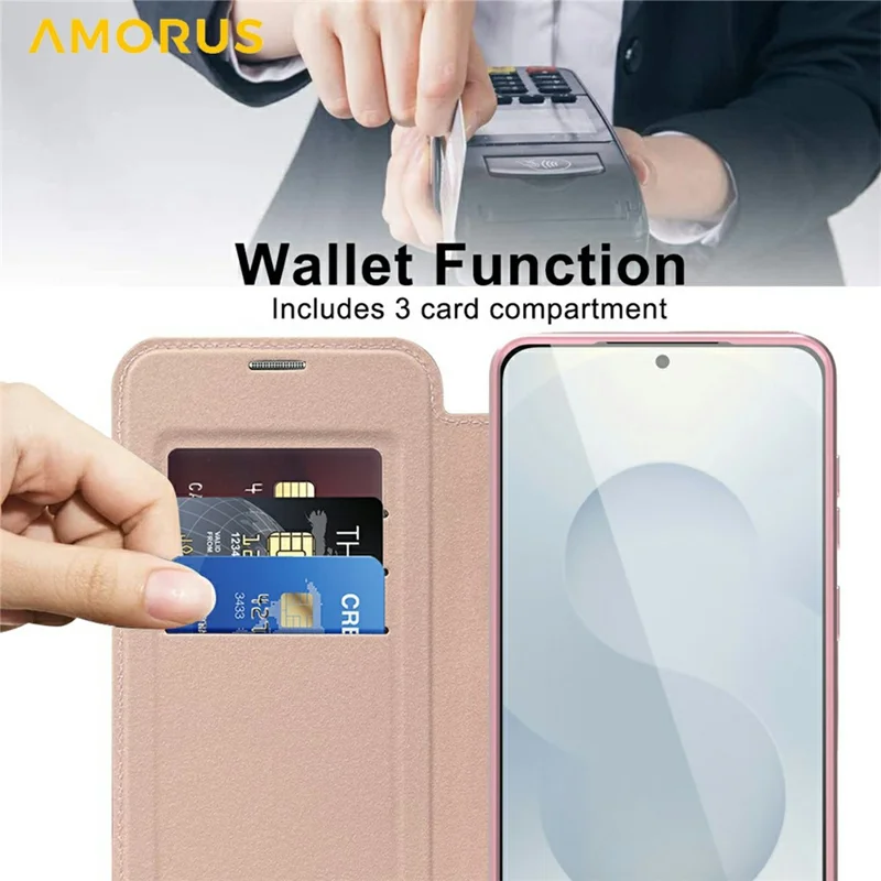 AMORUS For Samsung Galaxy S25 Edge Case Compatible with MagSafe RFID Blocking Card Holder Leather Phone Cover - Pink