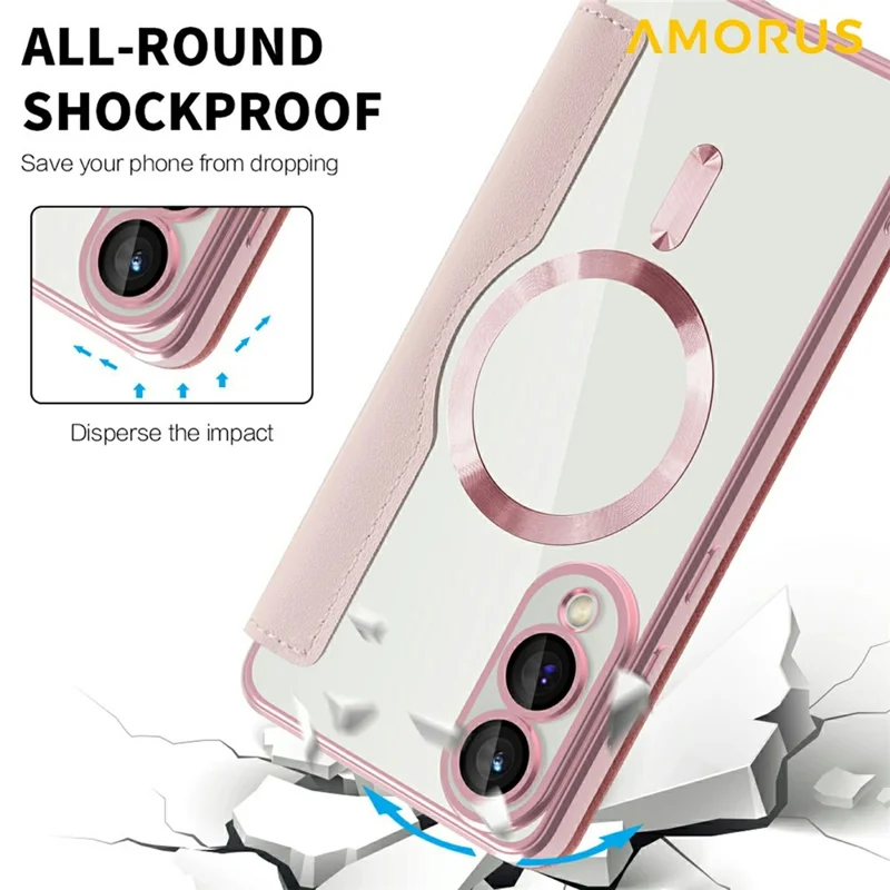 AMORUS For Samsung Galaxy S25 Edge Case Compatible with MagSafe RFID Blocking Card Holder Leather Phone Cover - Pink