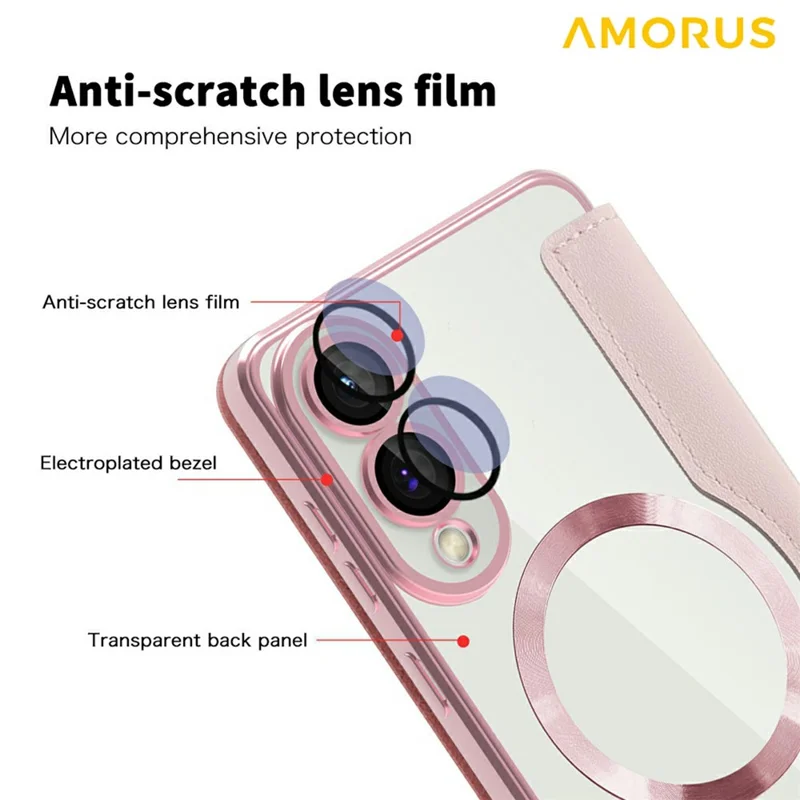 AMORUS For Samsung Galaxy S25 Edge Case Compatible with MagSafe RFID Blocking Card Holder Leather Phone Cover - Pink