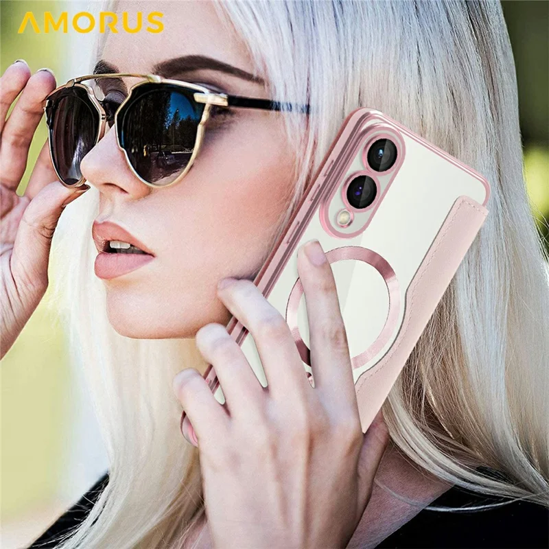 AMORUS For Samsung Galaxy S25 Edge Case Compatible with MagSafe RFID Blocking Card Holder Leather Phone Cover - Pink