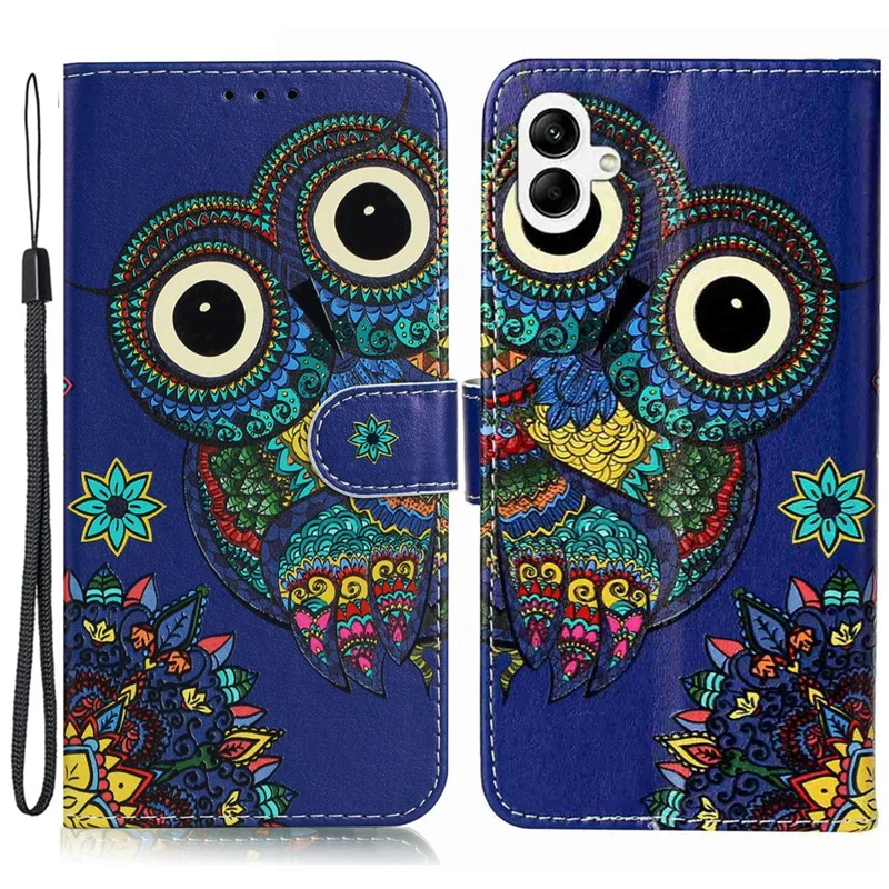Leather Case For Samsung Galaxy A07 4G  /  A06 5G  /  A06 4G Pattern Wallet Phone Cover with Strap - Blue Owl