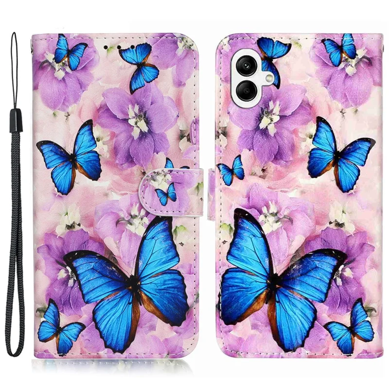 Leather Case For Samsung Galaxy A07 4G  /  A06 5G  /  A06 4G Pattern Wallet Phone Cover with Strap - Purple Flower Butterfly