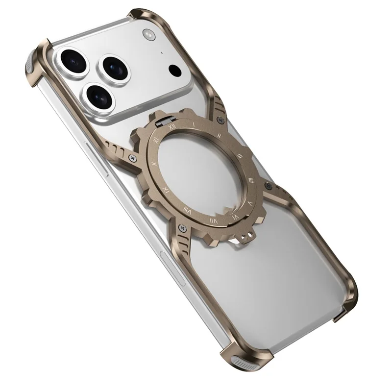 For iPhone 17 Pro Magnetic Case Luminous Kickstand Aluminum Alloy X-Shape Bumper Phone Cover - Desert Gold