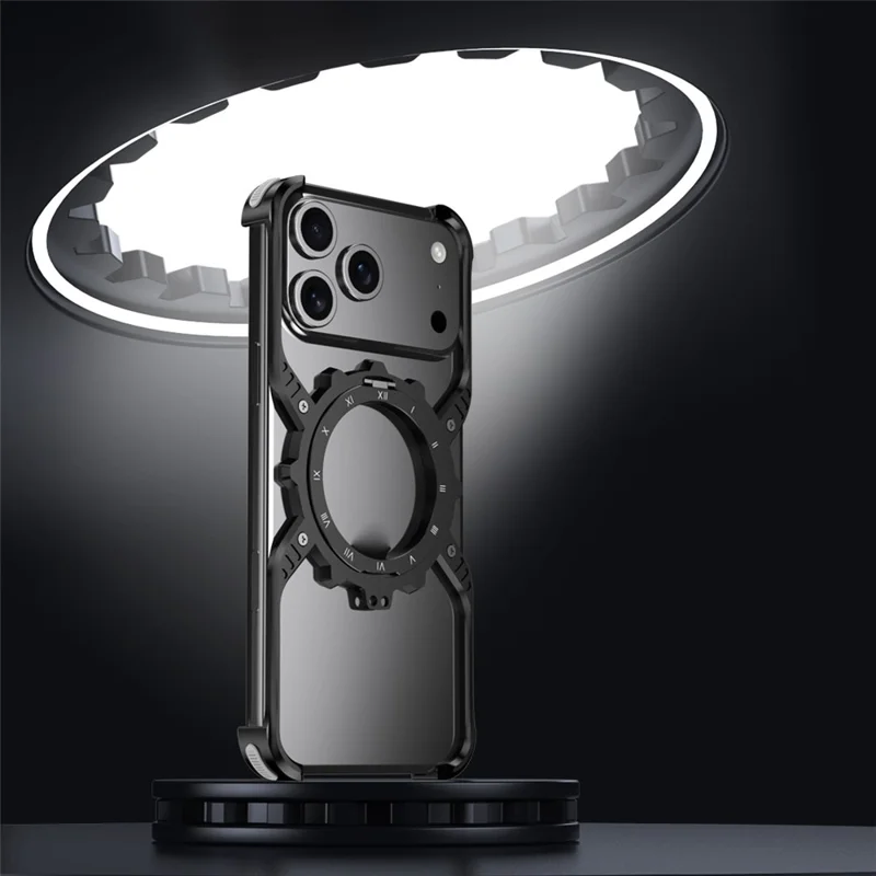For iPhone 17 Pro Max Magnetic Case Luminous Kickstand Aluminum Alloy X-Shape Bumper Phone Cover - Black