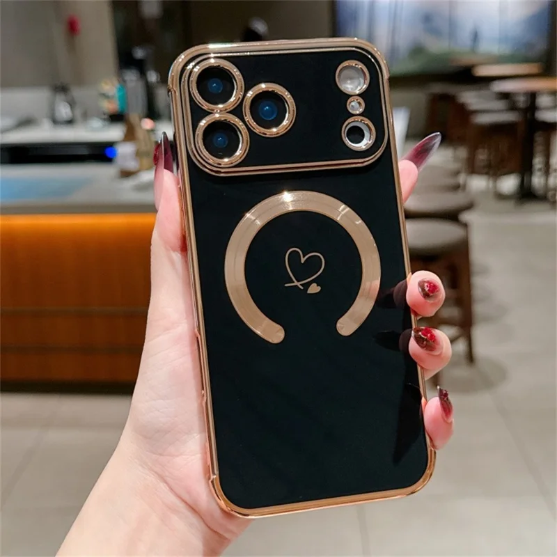 For iPhone 17 Pro Case Compatible with MagSafe Electroplated TPU Phone Cover Hollow Love Hearts - Black