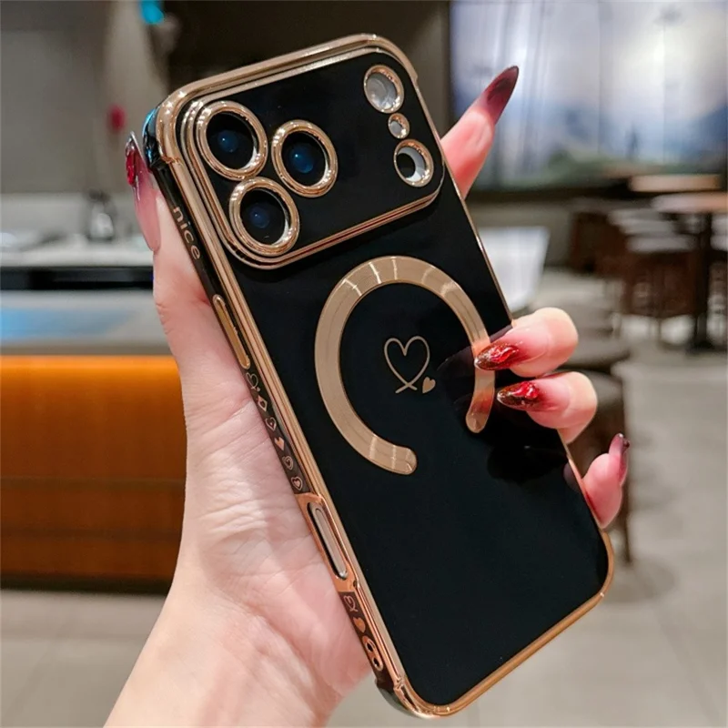 For iPhone 17 Pro Case Compatible with MagSafe Electroplated TPU Phone Cover Hollow Love Hearts - Black