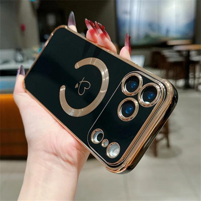 For iPhone 17 Pro Case Compatible with MagSafe Electroplated TPU Phone Cover Hollow Love Hearts - Black
