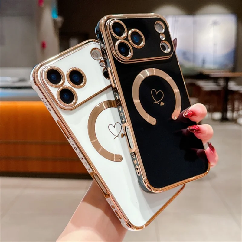 For iPhone 17 Pro Case Compatible with MagSafe Electroplated TPU Phone Cover Hollow Love Hearts - Black