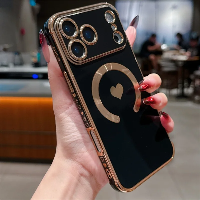 For iPhone 17 Pro Max Magnetic Case Electroplating Soft TPU Cover with Cute Love Heart - Black