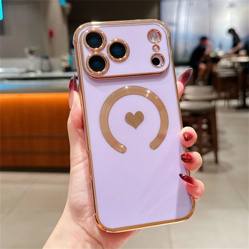 For iPhone 17 Pro Max Magnetic Case Electroplating Soft TPU Cover with Cute Love Heart - Purple