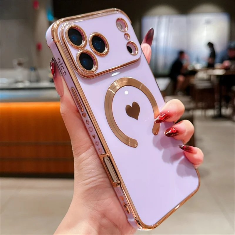 For iPhone 17 Pro Max Magnetic Case Electroplating Soft TPU Cover with Cute Love Heart - Purple