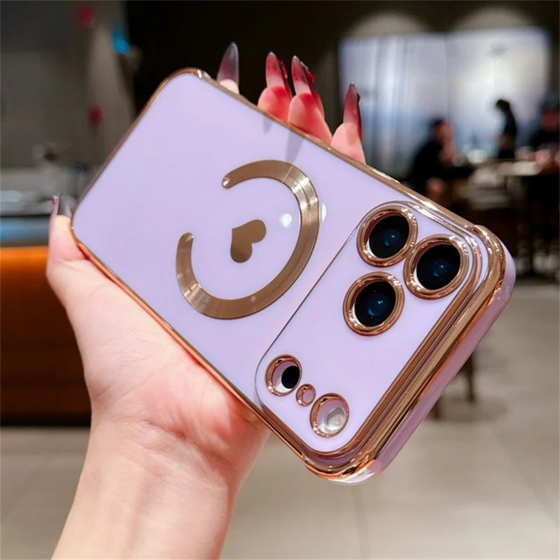For iPhone 17 Pro Max Magnetic Case Electroplating Soft TPU Cover with Cute Love Heart - Purple