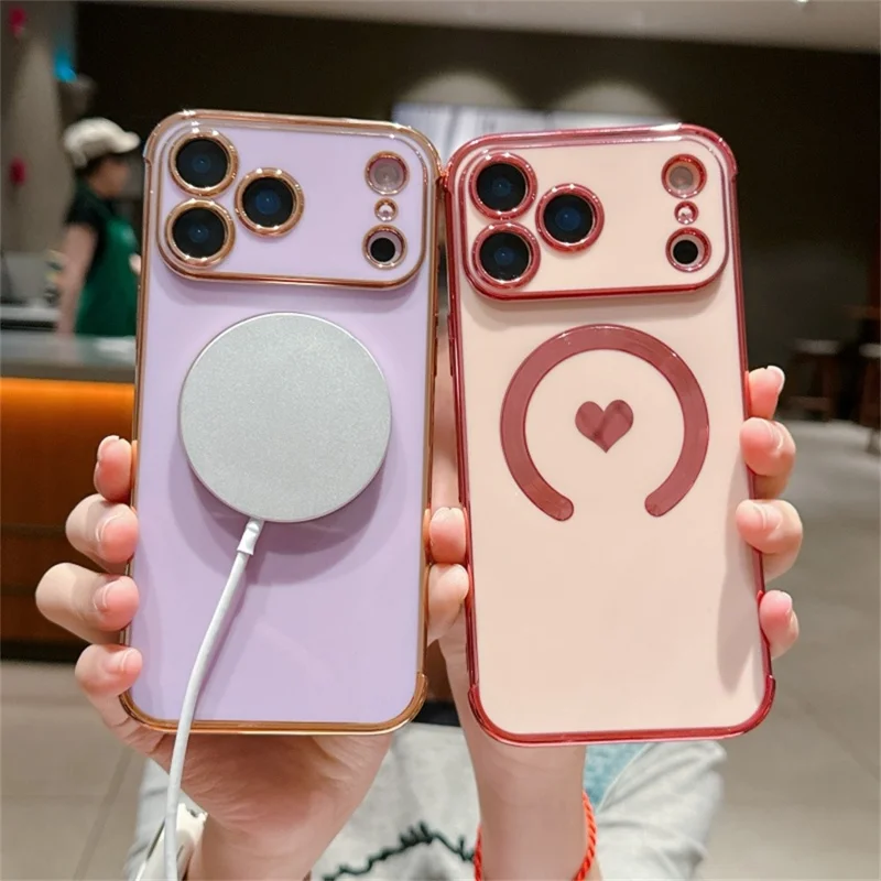 For iPhone 17 Pro Max Magnetic Case Electroplating Soft TPU Cover with Cute Love Heart - Purple