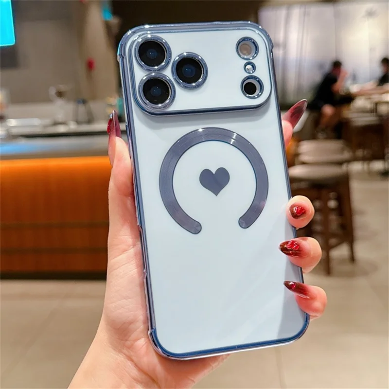 For iPhone 17 Pro Max Magnetic Case Electroplating Soft TPU Cover with Cute Love Heart - Blue