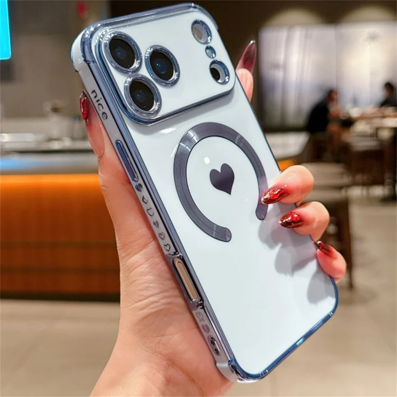 For iPhone 17 Pro Max Magnetic Case Electroplating Soft TPU Cover with Cute Love Heart - Blue