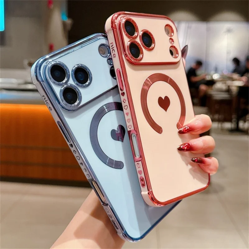For iPhone 17 Pro Max Magnetic Case Electroplating Soft TPU Cover with Cute Love Heart - Blue