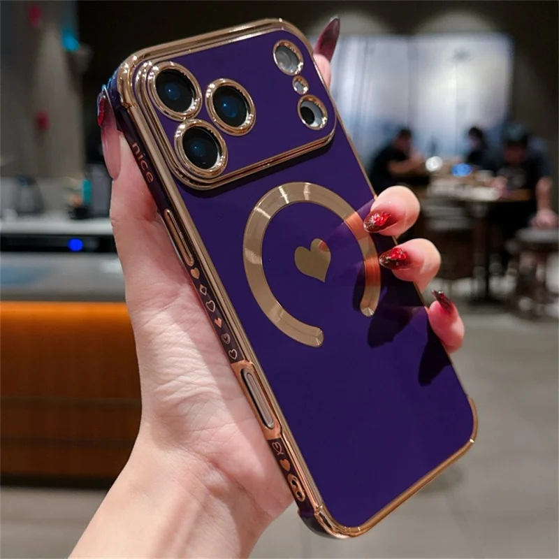 For iPhone 18 Pro / 17  Pro Magnetic Case Electroplating Soft TPU Cover with Cute Love Heart - Dark Purple