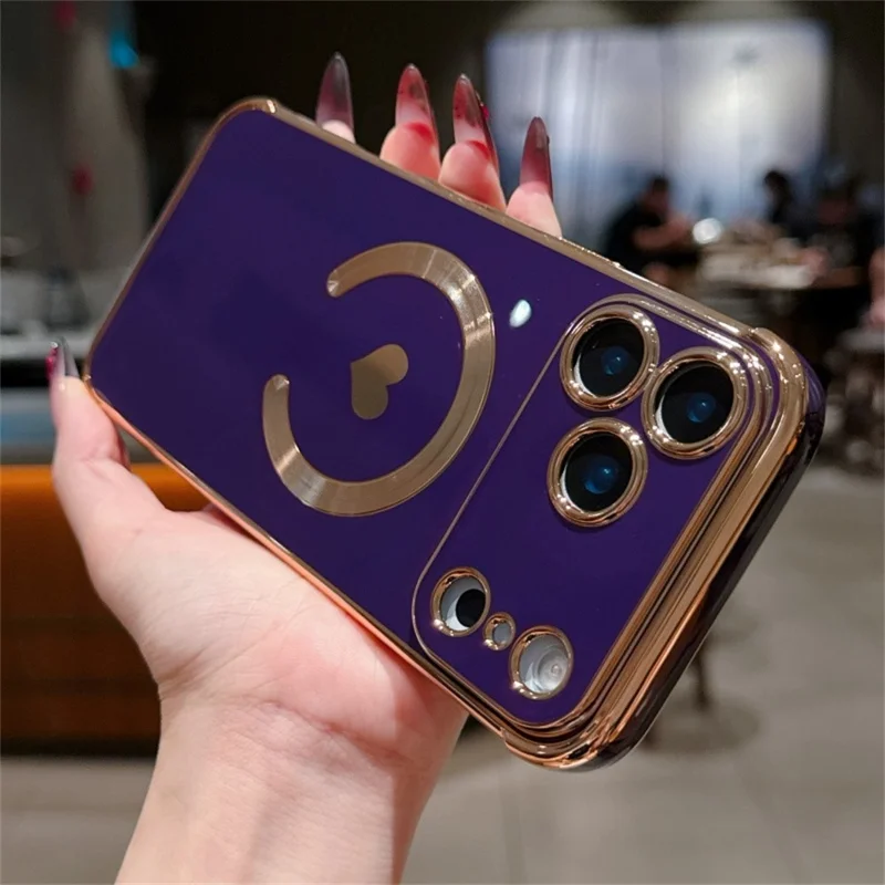 For iPhone 18 Pro / 17  Pro Magnetic Case Electroplating Soft TPU Cover with Cute Love Heart - Dark Purple