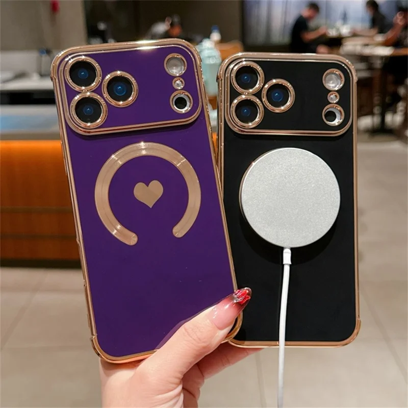 For iPhone 18 Pro / 17  Pro Magnetic Case Electroplating Soft TPU Cover with Cute Love Heart - Dark Purple