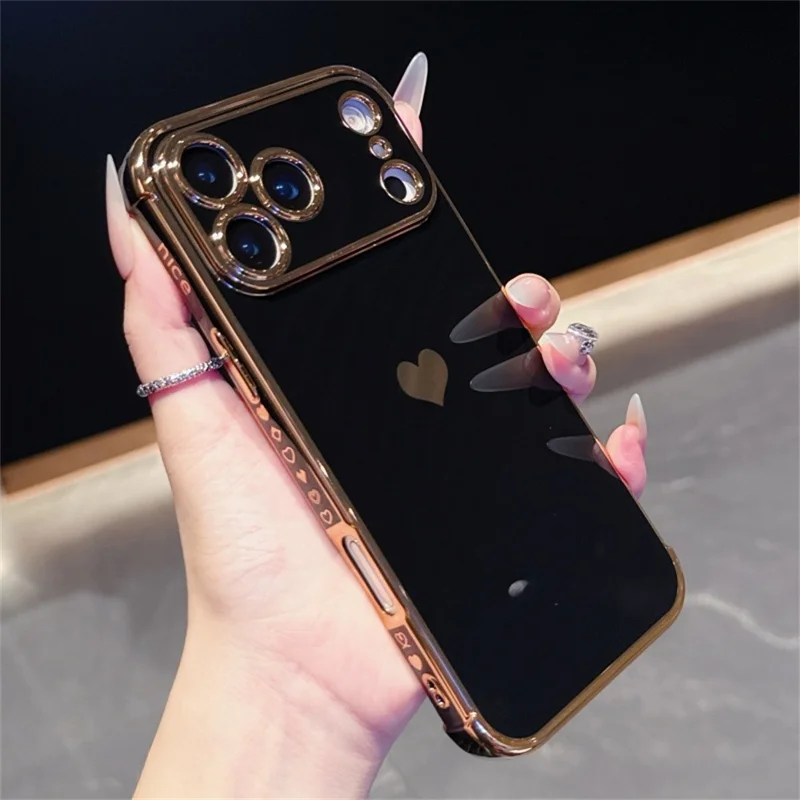 For iPhone 18 Pro / 17  Pro Case TPU Phone Back Cover Electroplating Heart Pattern - Black