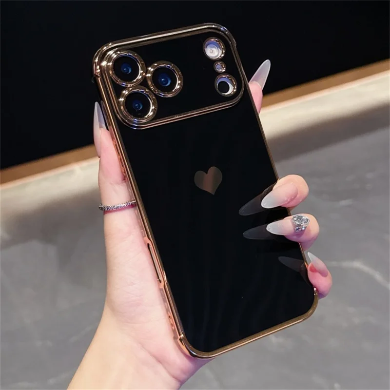 For iPhone 18 Pro / 17  Pro Case TPU Phone Back Cover Electroplating Heart Pattern - Black