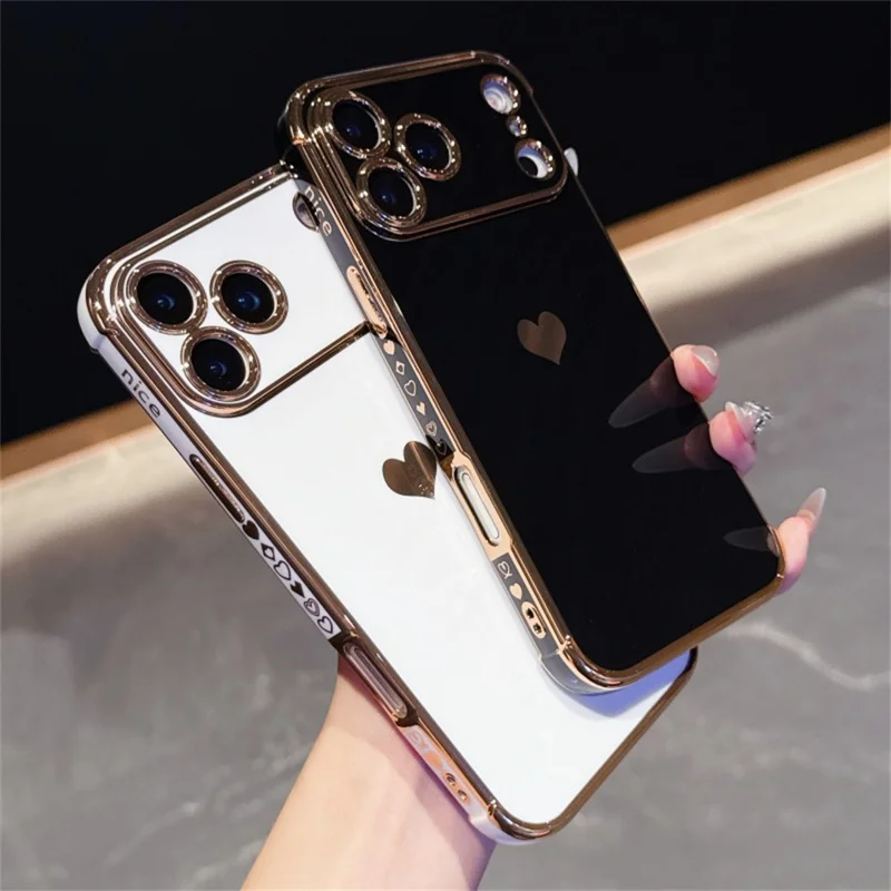For iPhone 18 Pro / 17  Pro Case TPU Phone Back Cover Electroplating Heart Pattern - Black