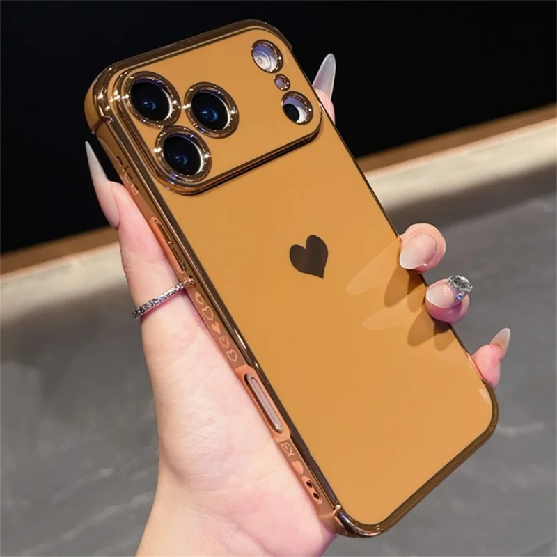 For iPhone 17 Pro Max Case TPU Phone Back Cover Electroplating Heart Pattern - Brown