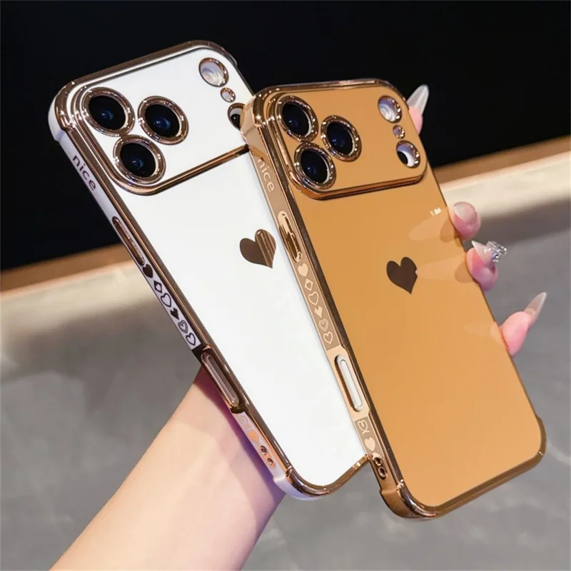 For iPhone 17 Pro Max Case TPU Phone Back Cover Electroplating Heart Pattern - Brown