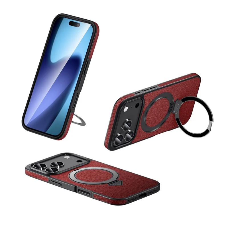 Für iPhone 17 Pro Hülle kompatibel mit MagSafe Echtes Rindsleder+PC Ständer Handyhülle - Rot