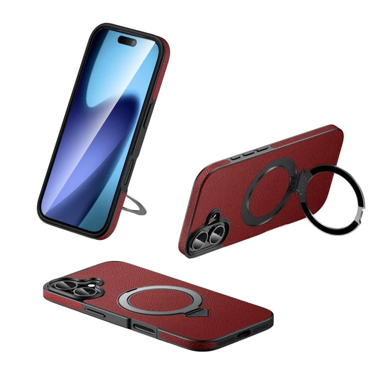 For iPhone 17 Case Compatible with MagSafe Genuine Cow Leather+PC Kickstand Phone Cover - Red