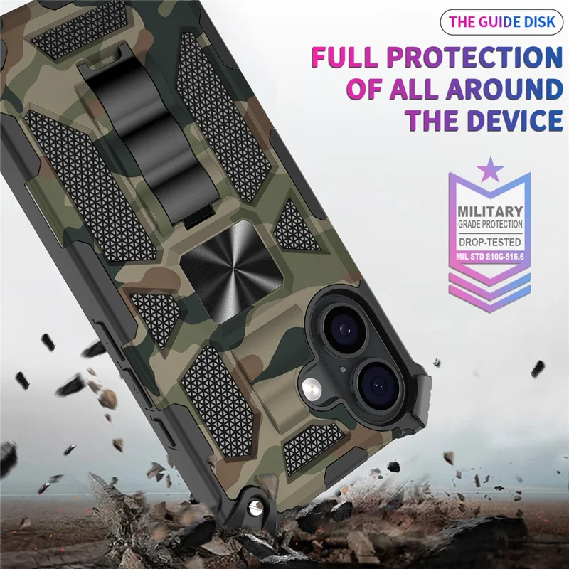 Étui avec béquille pour iPhone 17, PC+TPU, Camouflage militaire, Protection téléphone, Vert Armée