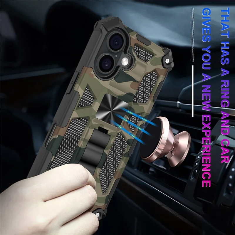 Étui avec béquille pour iPhone 17, PC+TPU, Camouflage militaire, Protection téléphone, Vert Armée