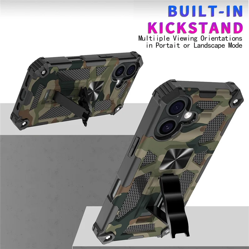 Étui avec béquille pour iPhone 17, PC+TPU, Camouflage militaire, Protection téléphone, Vert Armée