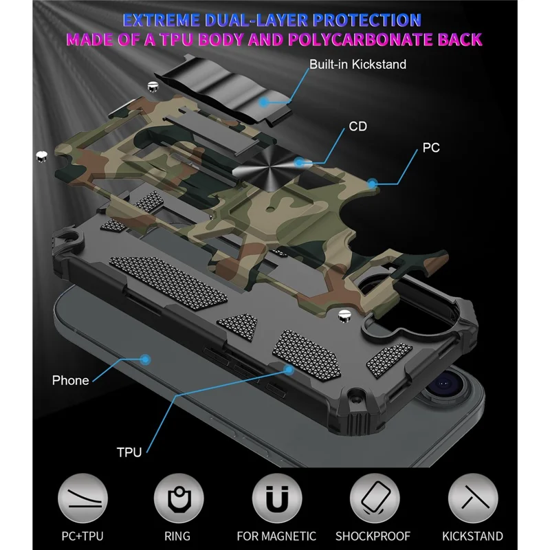 Étui avec béquille pour iPhone 17, PC+TPU, Camouflage militaire, Protection téléphone, Vert Armée
