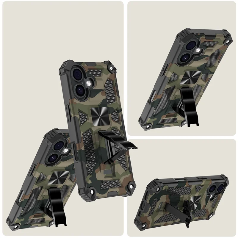 Étui avec béquille pour iPhone 17, PC+TPU, Camouflage militaire, Protection téléphone, Vert Armée