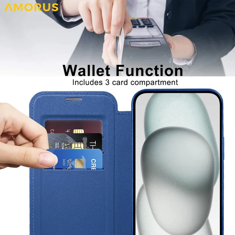 AMORUS Capa para iPhone 13 Compatível com MagSafe Titular de Cartão de Bloqueio RFID Capa de Telefone de Couro - Safira