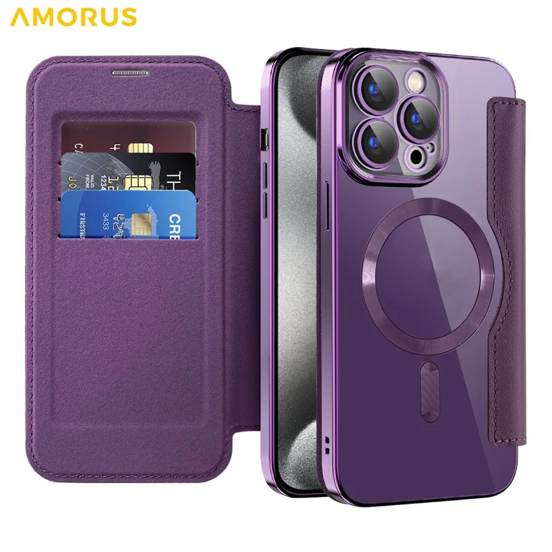 AMORUS Hülle für iPhone 13 Pro kompatibel mit MagSafe RFID-blockierendem Kartenfach Leder Handyhülle - Dunkel Lila