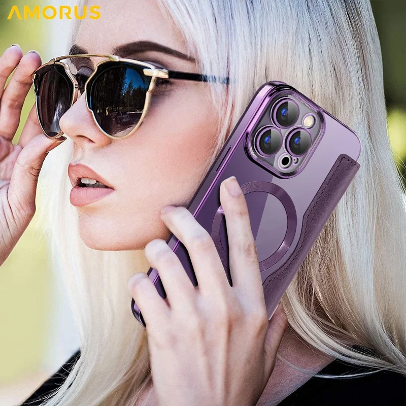 AMORUS Hülle für iPhone 13 Pro kompatibel mit MagSafe RFID-blockierendem Kartenfach Leder Handyhülle - Dunkel Lila