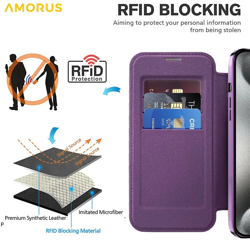 AMORUS Étui pour iPhone 13 Pro Max Compatible avec MagSafe Porte-cartes RFID Bloquant Étui en Cuir - Violet Foncé