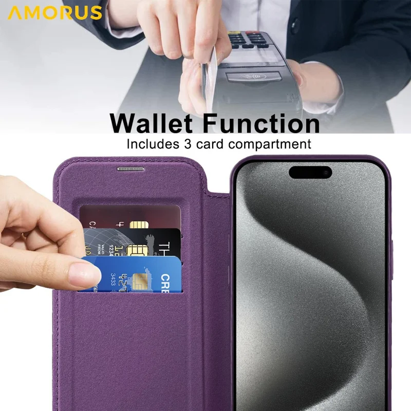 AMORUS Étui pour iPhone 13 Pro Max Compatible avec MagSafe Porte-cartes RFID Bloquant Étui en Cuir - Violet Foncé