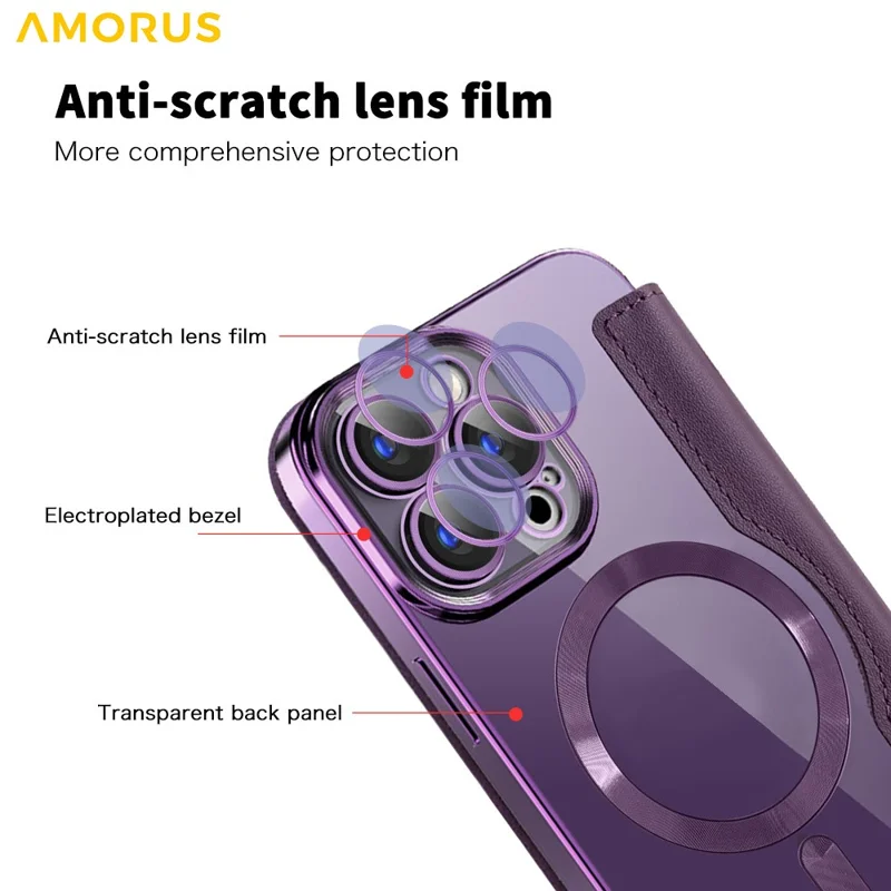AMORUS Étui pour iPhone 13 Pro Max Compatible avec MagSafe Porte-cartes RFID Bloquant Étui en Cuir - Violet Foncé