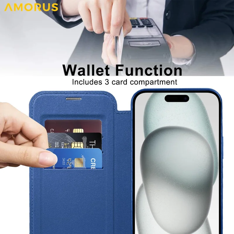 AMORUS Für iPhone 15 Hülle Kompatibel mit MagSafe RFID-Blockierung Kartenfach Leder Handyhülle - Saphir
