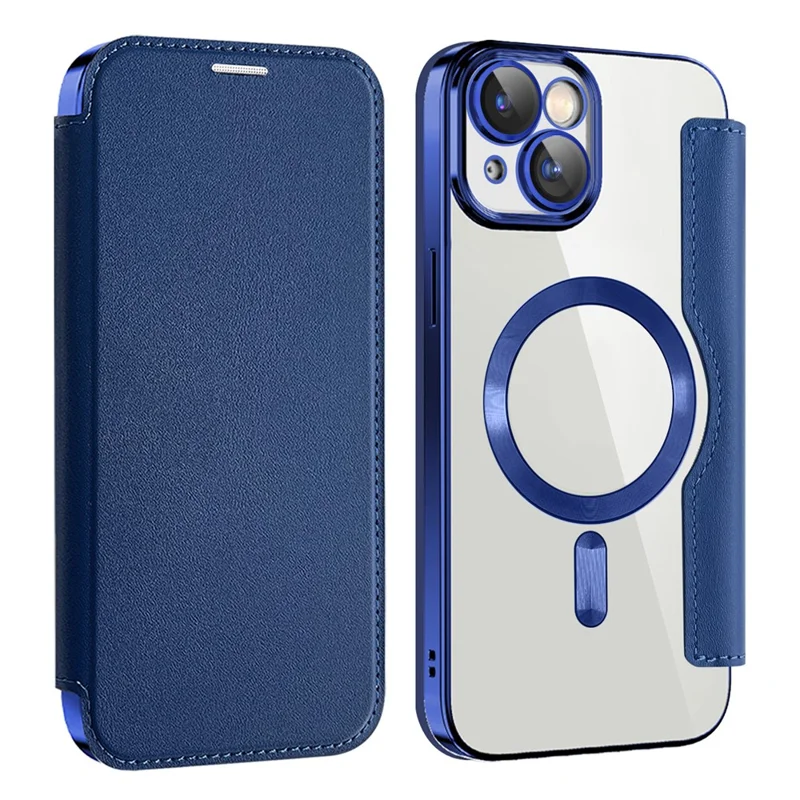 AMORUS Hülle für iPhone 15 Plus kompatibel mit MagSafe RFID-blockierendem Kartenfach Leder Handyhülle - Saphir