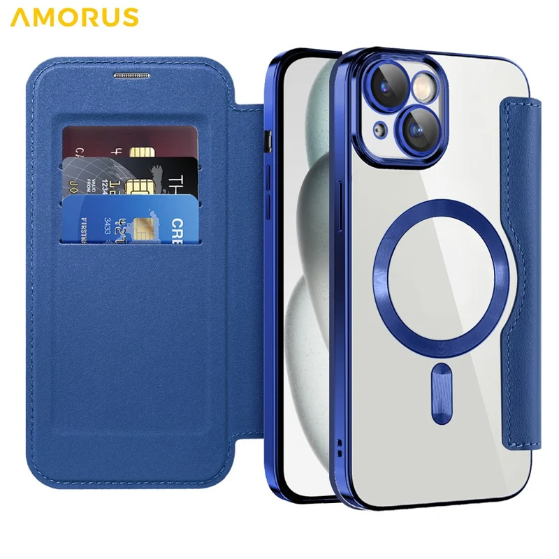 AMORUS Hülle für iPhone 15 Plus kompatibel mit MagSafe RFID-blockierendem Kartenfach Leder Handyhülle - Saphir
