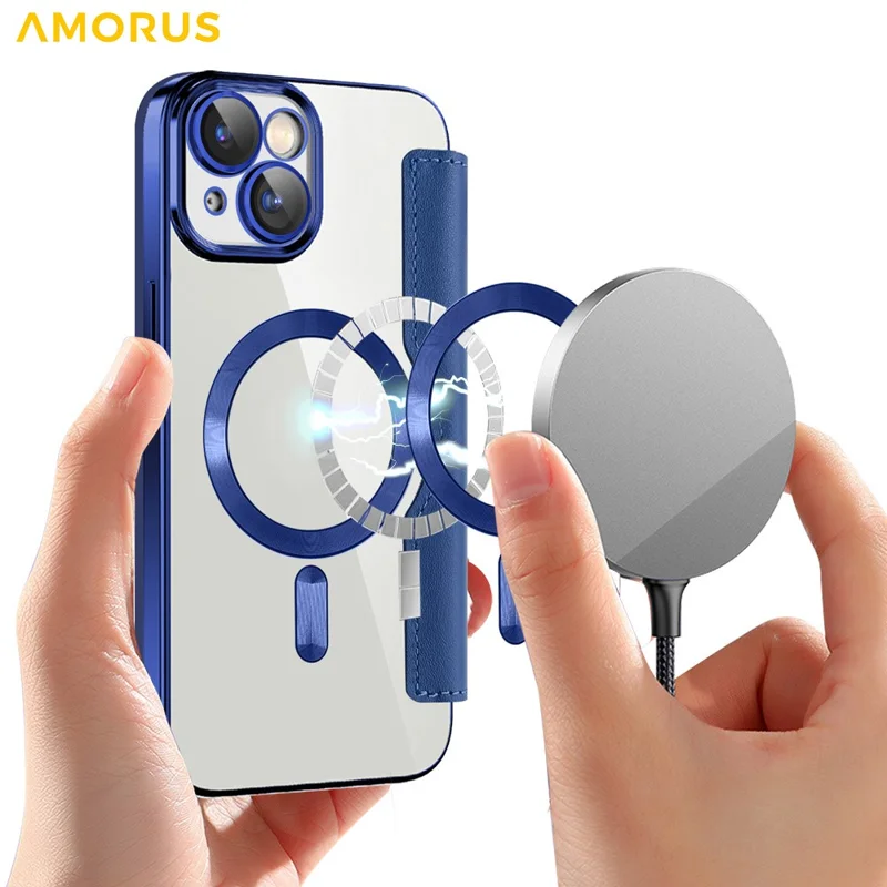 AMORUS Hülle für iPhone 15 Plus kompatibel mit MagSafe RFID-blockierendem Kartenfach Leder Handyhülle - Saphir