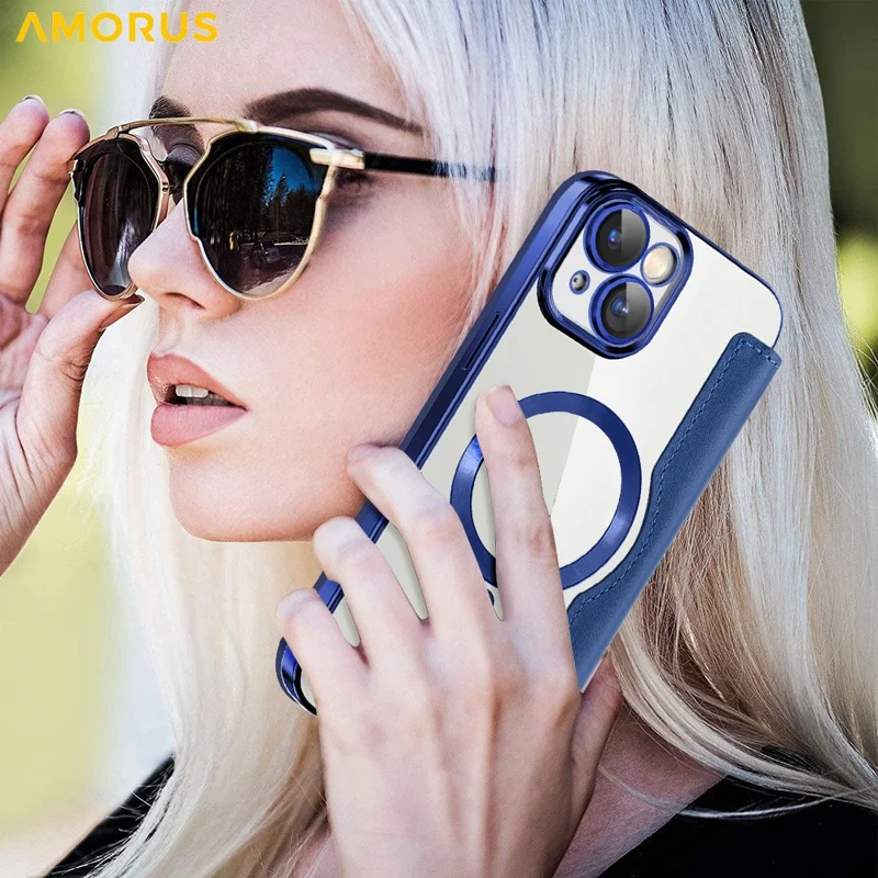 AMORUS Hülle für iPhone 15 Plus kompatibel mit MagSafe RFID-blockierendem Kartenfach Leder Handyhülle - Saphir