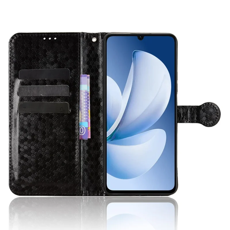 Funda tipo cartera para Realme Narzo 80 Lite 4G / C71 4G (India) / Note 70T 4G con patrón de puntos, cubierta de teléfono de cuero PU con correa de muñeca - Negro