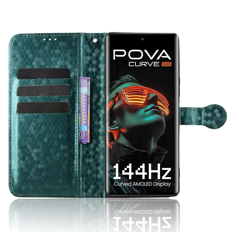 For TECNO Pova Curve 5G LJ8k Wallet Case Dot Pattern Imprint PU Leather Phone Cover with Wrist Strap - Green